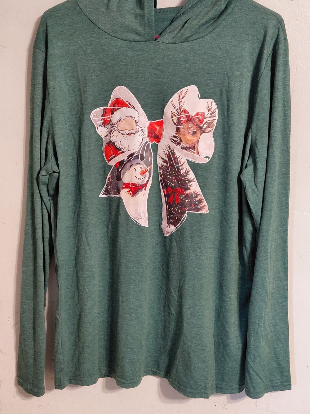 Green Holiday Hooded Tee with Christmas Bow Graphic